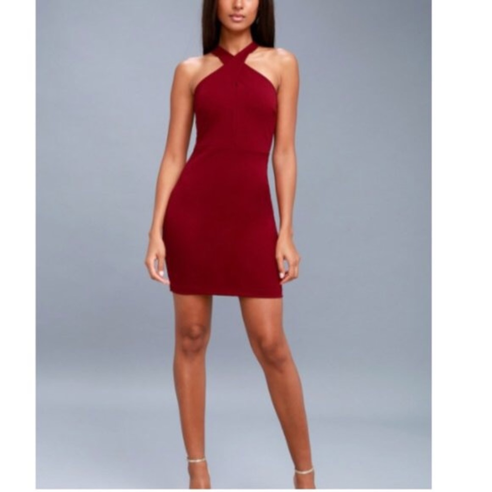 Lulus Wine Cross Halter Neck Bodycon Dress